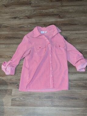 Kim Rogers Pink and White Striped Long Sleeve Button Shirt